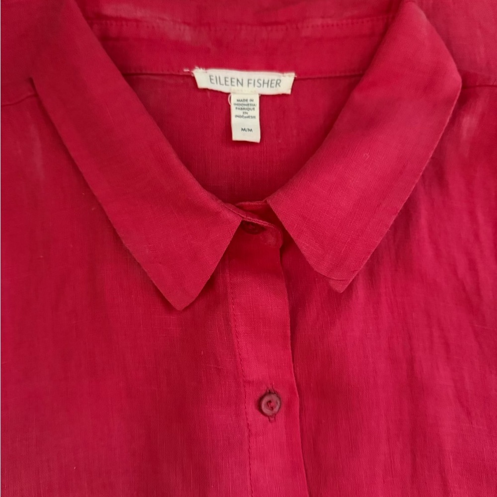 Eileen Fisher Deep Coral Linen Button-Front Dress